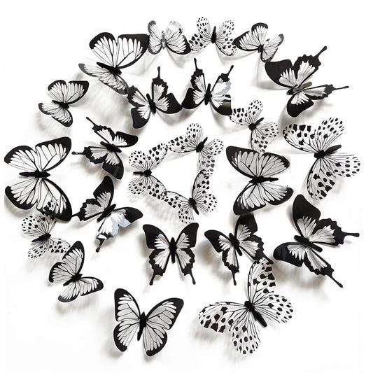24 Pcs 3D Black White Butterfly Wall Stickers Home Decor