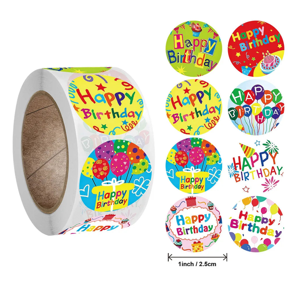 100-500pcs 8 Styles Happy Birthday Round Stickers Party Gift Packaging Seal Labels for Scrapbooking Cards Decoration