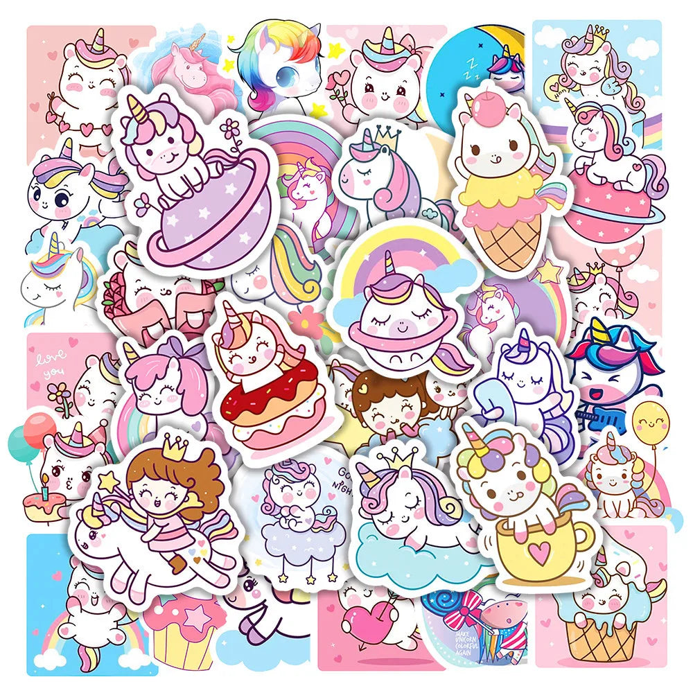Kawaii Unicorn Stickers 10/30/50/100pcs Waterproof PVC for Guitar Laptop Luggage Phone Notebook