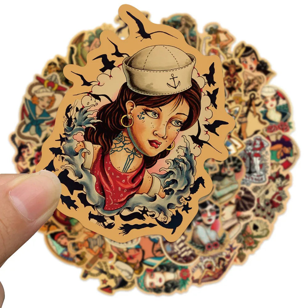10/30/50/100pcs Retro Old School Tattoo Style Stickers Skateboard Car Phone Bike Laptop Luggage Sexy Girl Waterproof Sticker