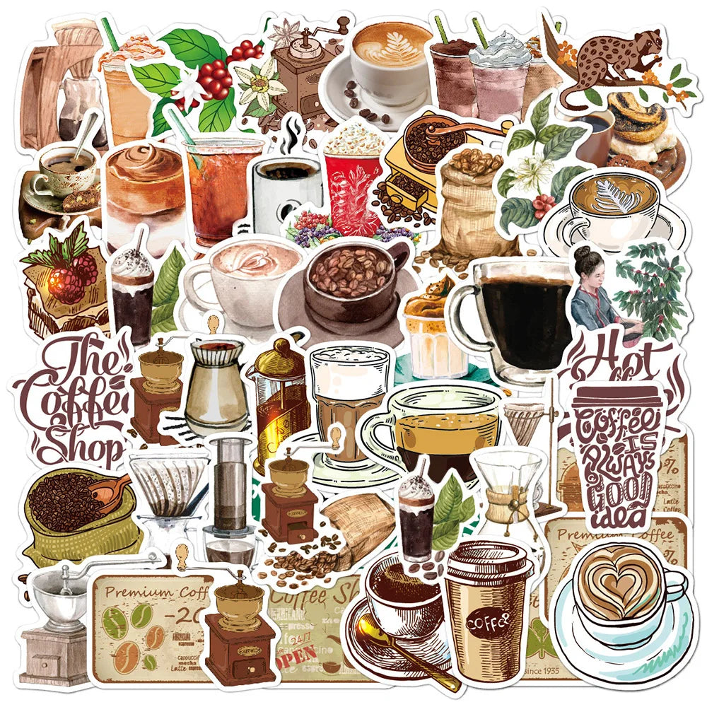 Vintage Coffee Shop Graffiti Stickers Aesthetic Decals Waterproof for Scrapbook, Phone, Laptop - 10/30/50pcs