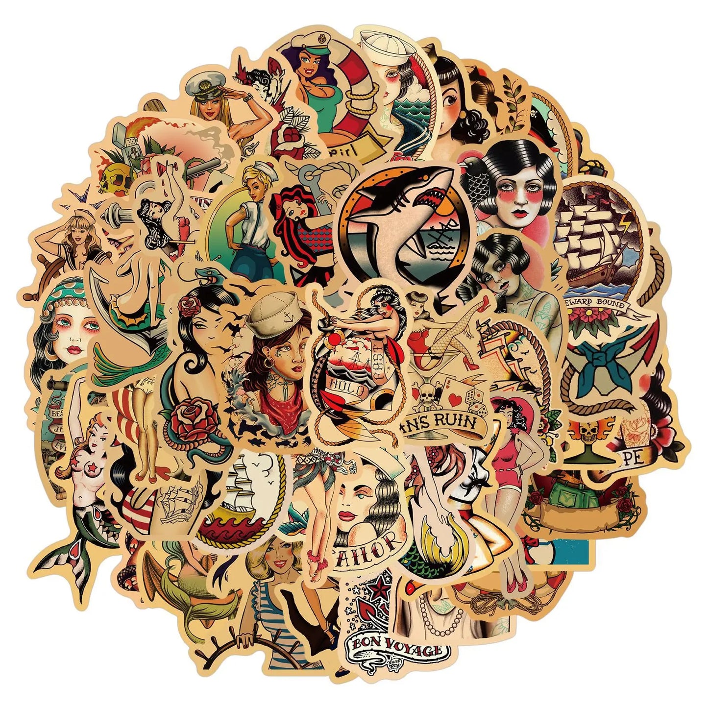 Retro Girl Tattoo Style Stickers Decals Waterproof DIY Laptop Skateboard Guitar Fridge Phone Toy 10/30/50pcs