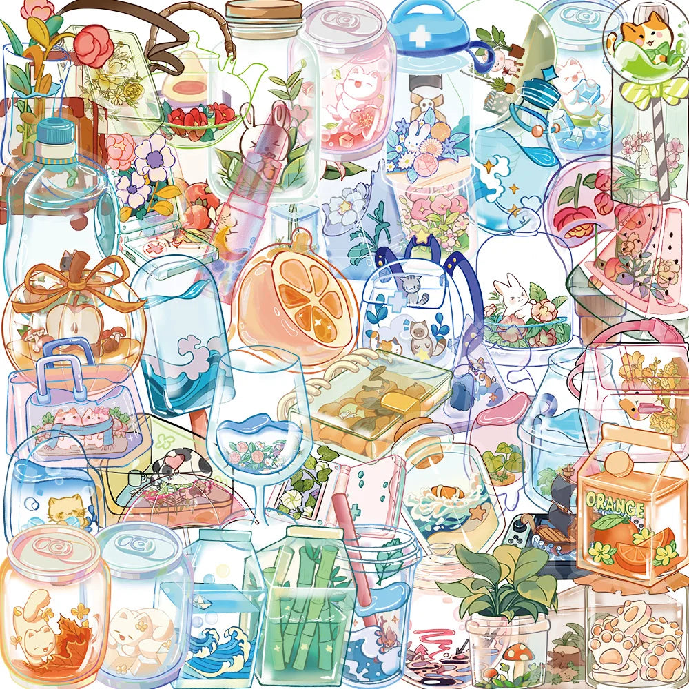 50pcs Clear Glass PET Stickers: Flowers, Plants, Animals