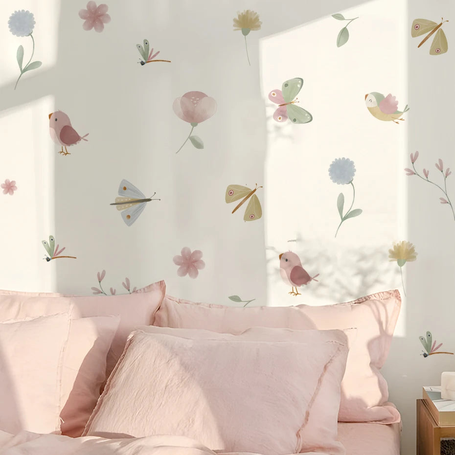 Pink Butterfly Flowers Birds Wall Stickers for Kids Bedroom Nursery Decor
