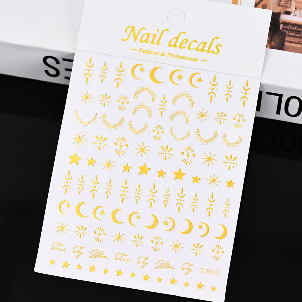 3D Metal Nail Art Stickers: Gold Silver Heart Star Moon