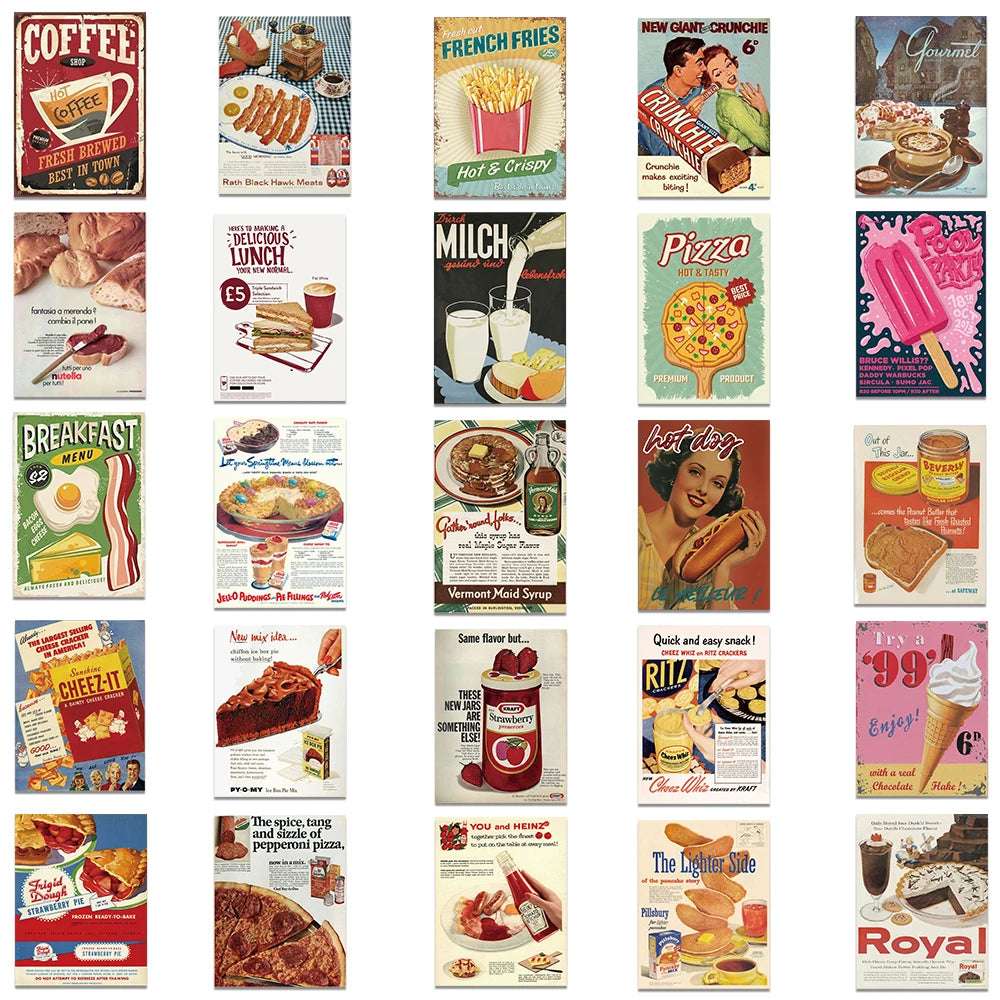 50pcs Retro Cartoon Food Stickers For Laptop Water Bottle Luggage Notebook DIY Waterproof Graffiti Vinyl Decals
