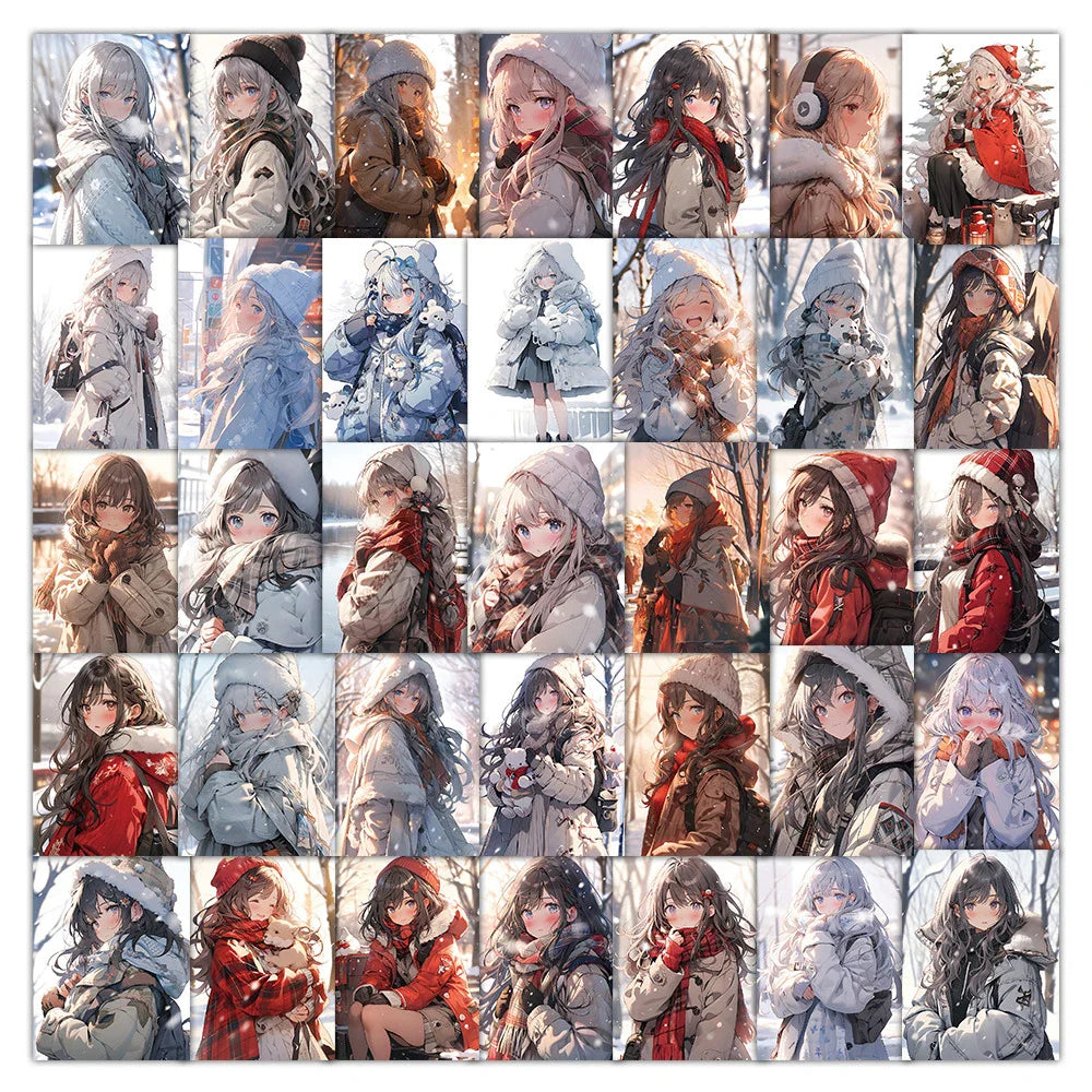 Anime Girl Winter Stickers - 10/30/60pcs Cute Cartoon Decals for Laptop, Phone, Suitcase, Scrapbook
