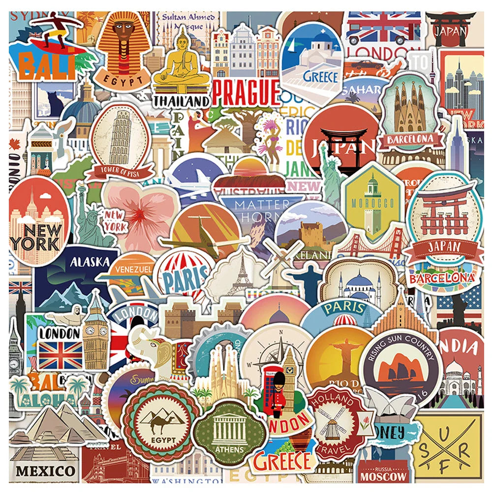 Vintage Travel City Landscape Stickers - 10/30/50/100PCS Graffiti Decals for Laptop, Scrapbook, Phone, Diary