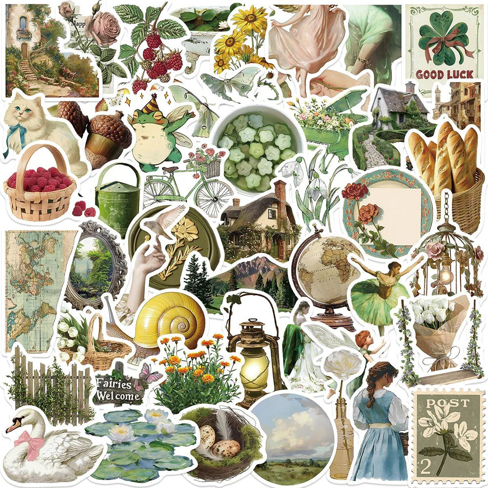 Retro Cute Green Stickers Set: DIY Decor for Phone, Notebook, Bike, Suitcase, Car, Kids Toys