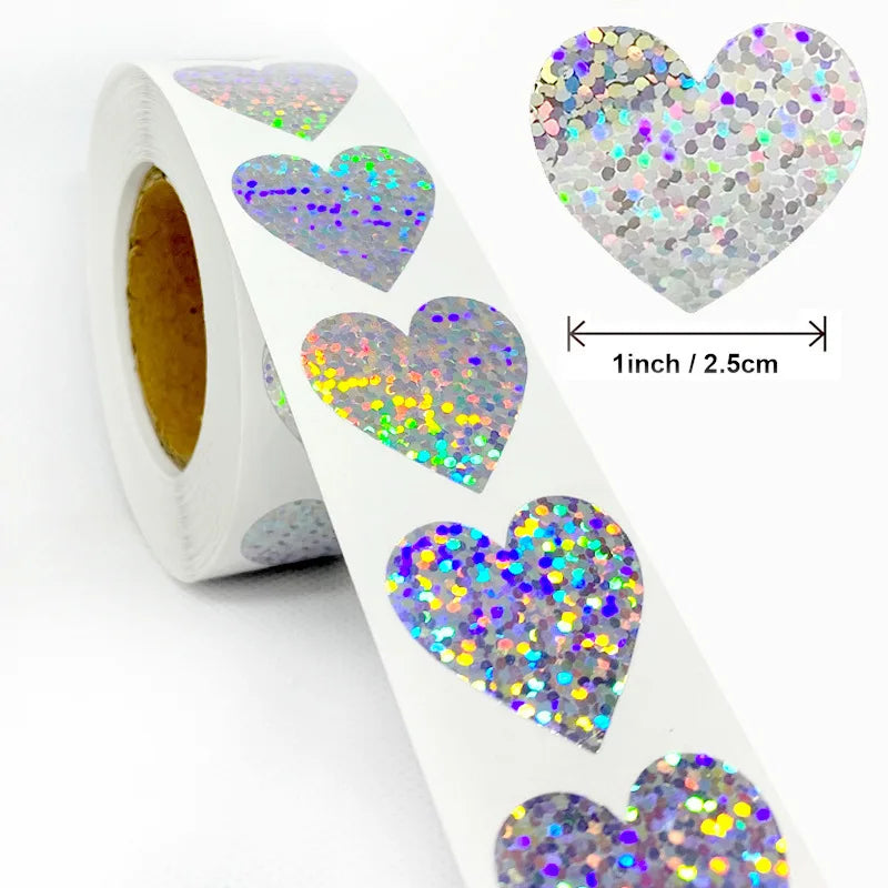 50-500pcs Rainbow Laser Heart Stickers For Envelope Sealing Labels Stationery Supplies Handmade Wedding Gift Decoration Sticker