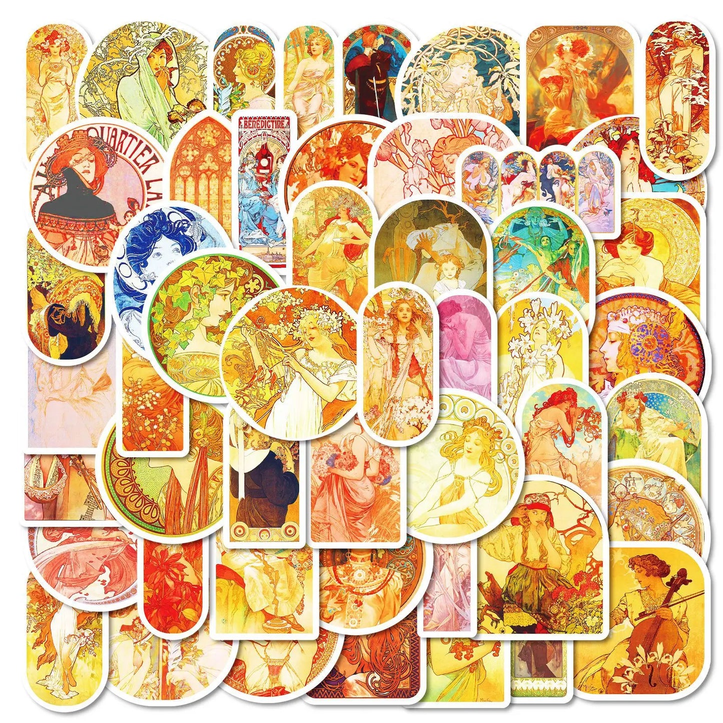 50Pcs Cartoon Mucha Art Graffiti Stickers for Helmet, Wall, DIY Decor