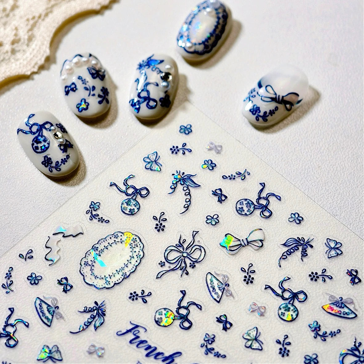 Blue Butterfly Lace Nail Art Stickers Decals