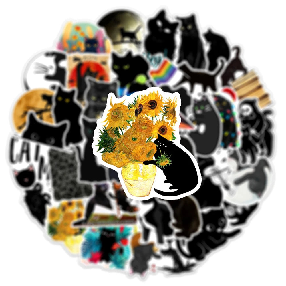 10/30/50/100PCS Cartoon Black Cat Stickers Scrapbook Phone Guitar Laptop Luggage PVC Waterproof Car Sticker Children Classic Toy