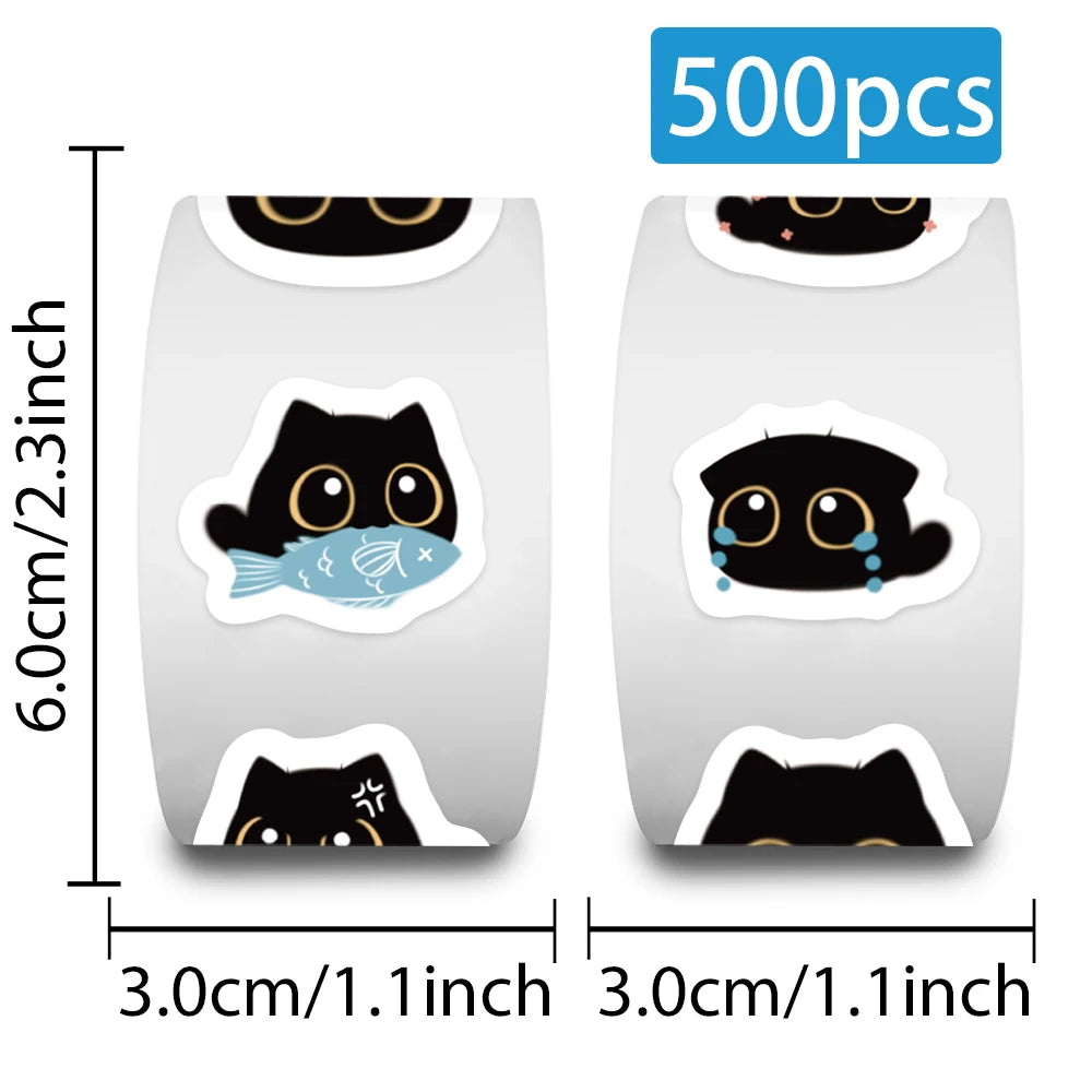 500pcs/roll Cute Cartoon Animal Black Cat Stickers Kids Students Reward Decals Luggage Laptop Phone Vinyl Sticker (10 Patterns)