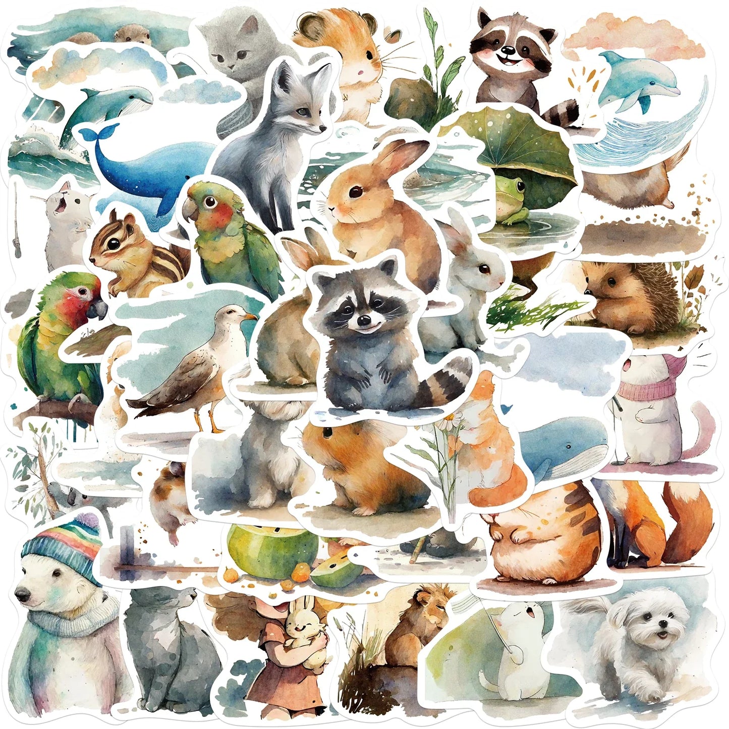 50Pcs Animal Watercolor Stickers for Laptop & Luggage