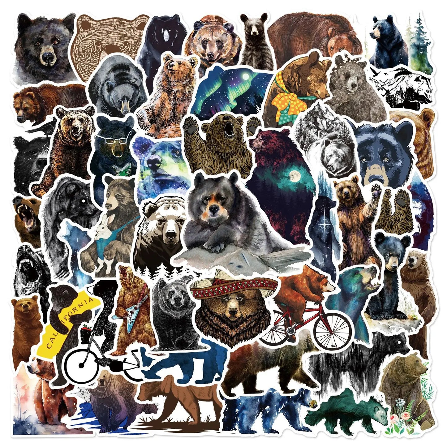 Wild Bear Graffiti Stickers for DIY Suitcase, Water Bottle, Phone, Laptop, Guitar, Motorcycle, Skateboard - 10/25/50pcs