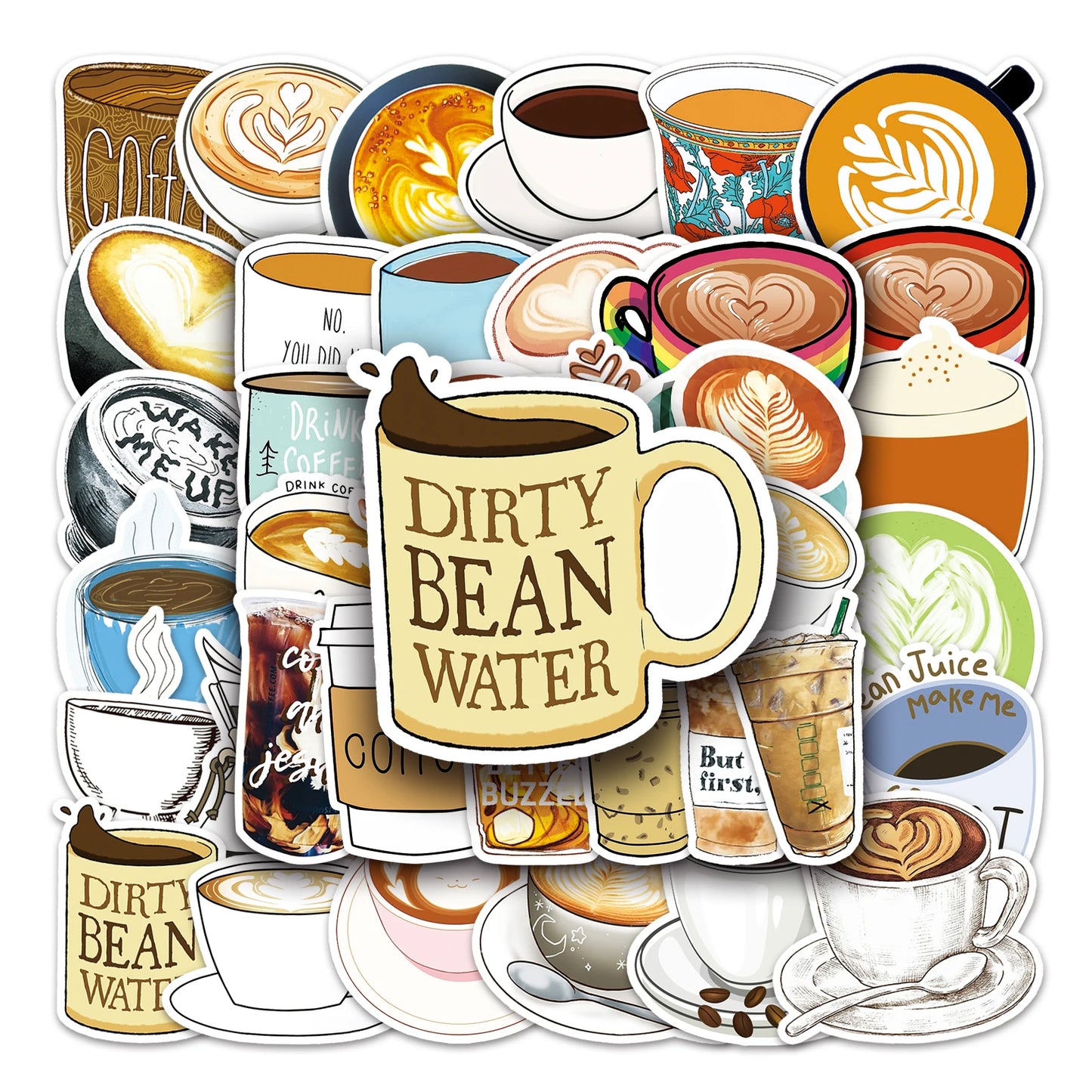 50Pcs Coffee Cartoon Waterproof Vinyl Stickers for Skateboard Snowboard Decal