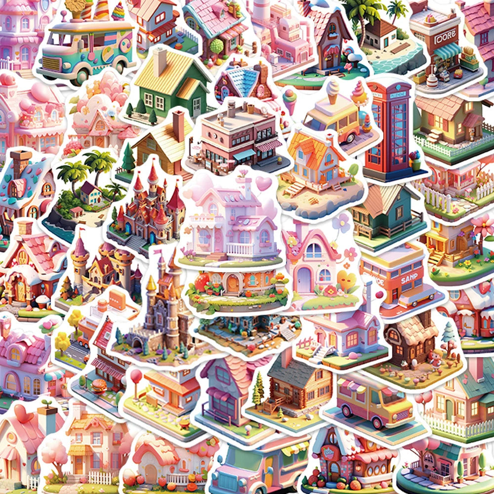 3D City Building Stickers: 10/30/50pcs Cartoon Scrapbook Laptop Phone Decals