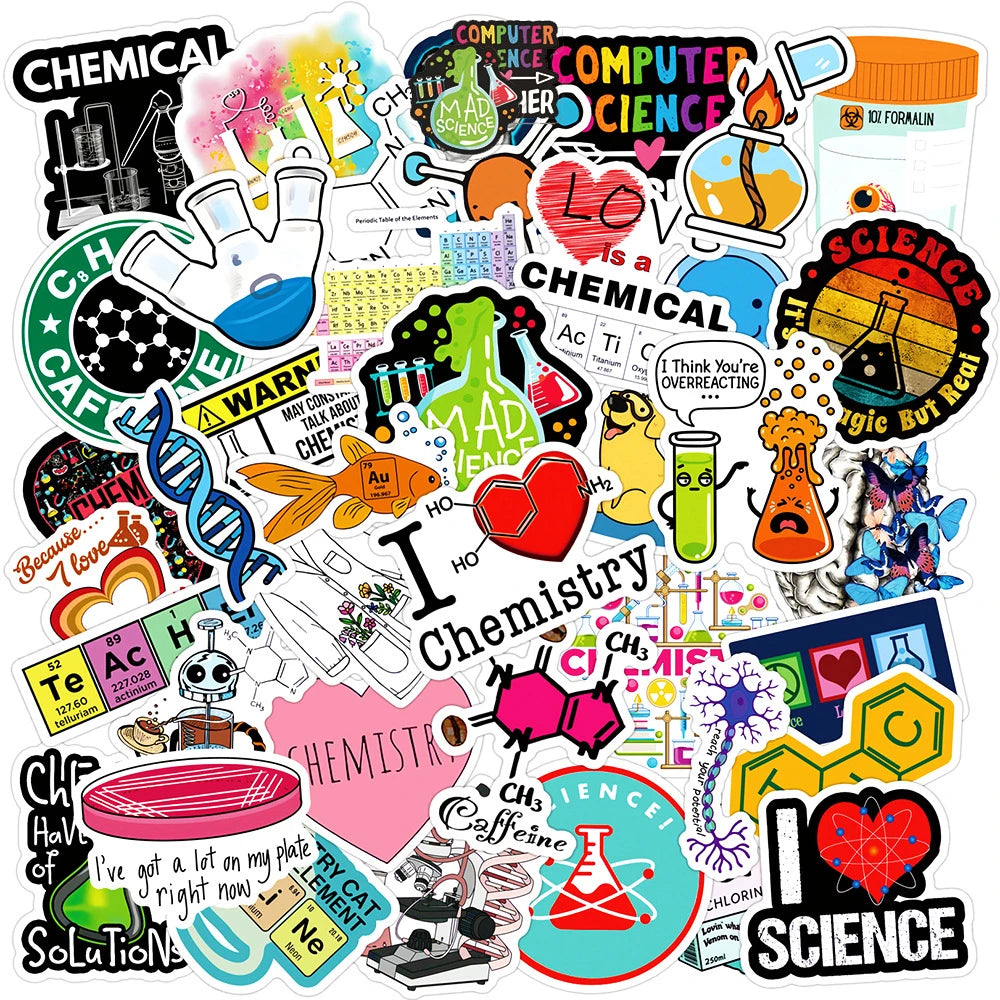 10/30/50pcs Cartoon Science Chemistry Biology Laboratory Waterproof Stickers Decals DIY Laptop Suitcase Diary Decoration Sticker