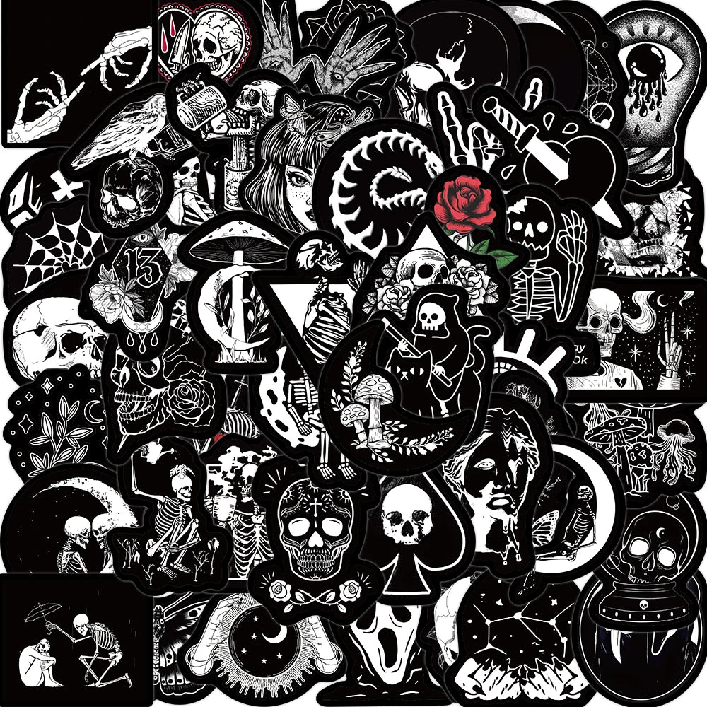 10/25/50pcs Black and White Gothic Skull Stickers Decals Cartoon Graffiti DIY Notebook Luggage Wall Decoration PVC Sticker