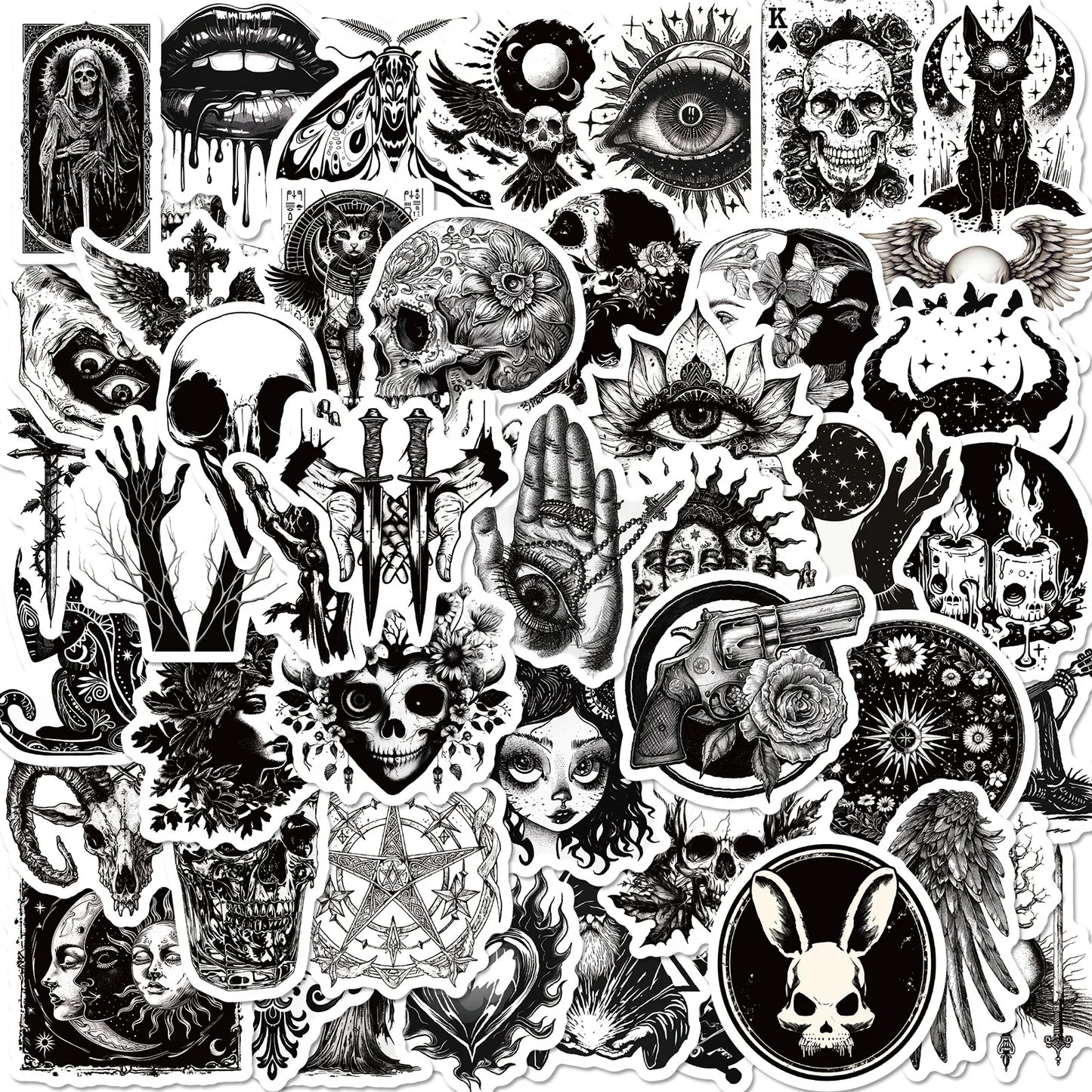Black & White Gothic Graffiti Stickers for Luggage, Laptop, Phone, Car, Bike, Skateboard (10/30/50PCS)