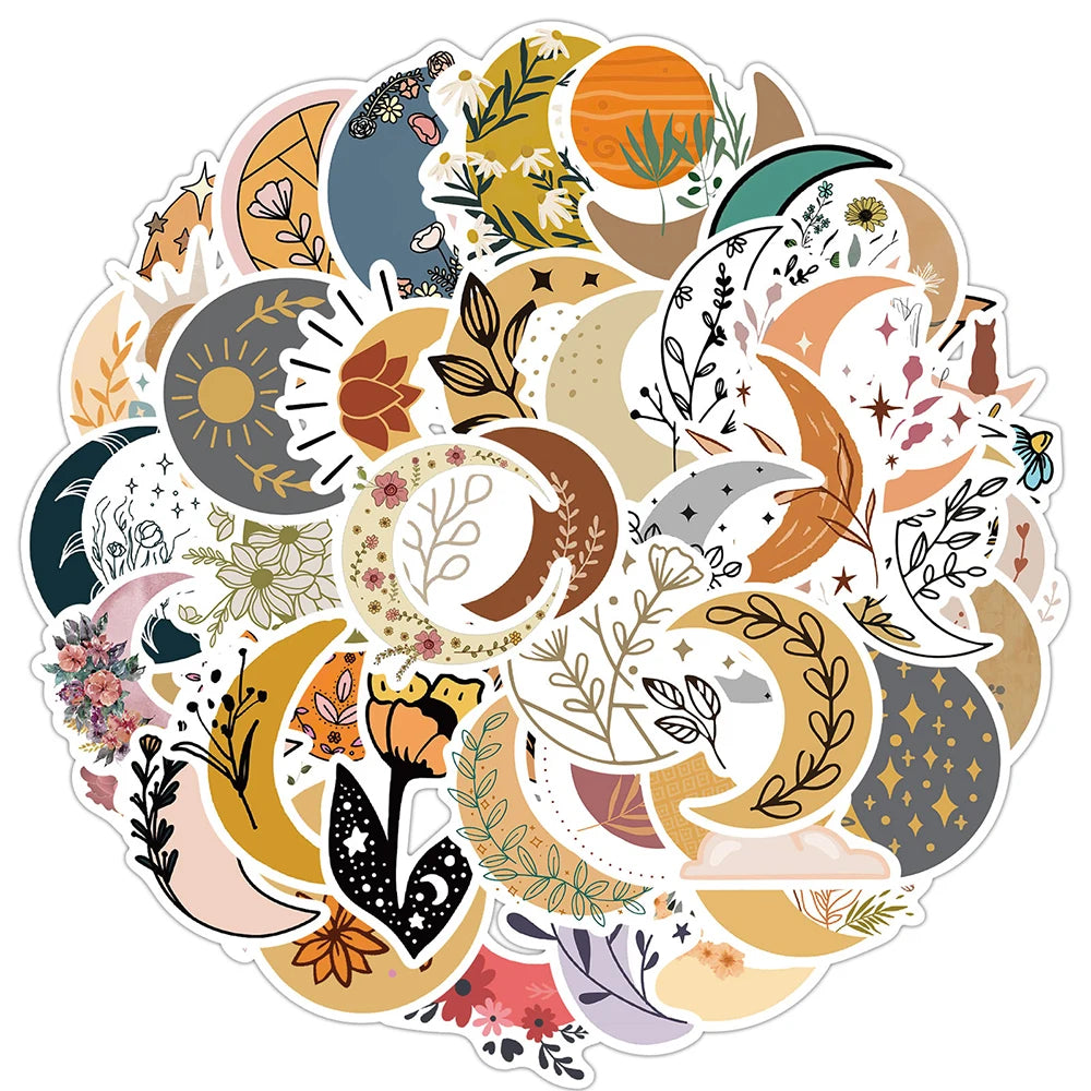 Bohemian Moon Flower Stickers: Waterproof Decals for Car, Bike, Luggage, Phone, Laptop (10/30/50PCS)