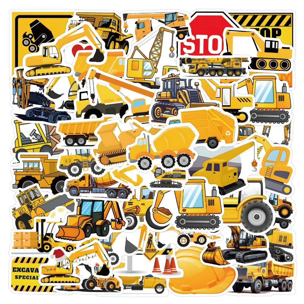 10/55Pcs Cartoon Large Mechanical Vehicle Excavator Construction Truck Waterproof Creative Tractor Bulldozer Graffiti Toy Decals