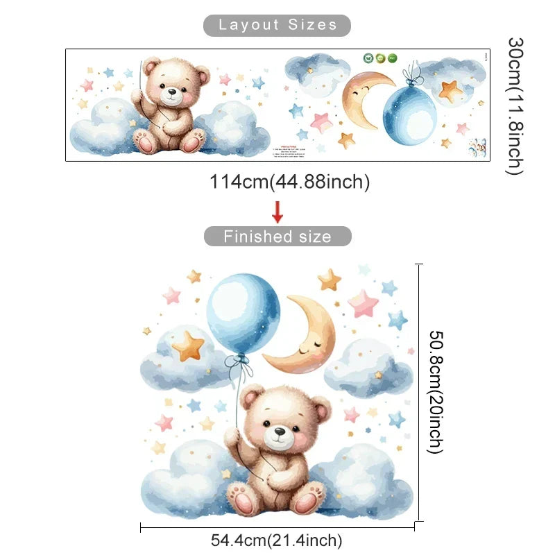 Boho Pink Teddy Bear Stars Tent Wall Stickers for Kids Room Nursery Decor