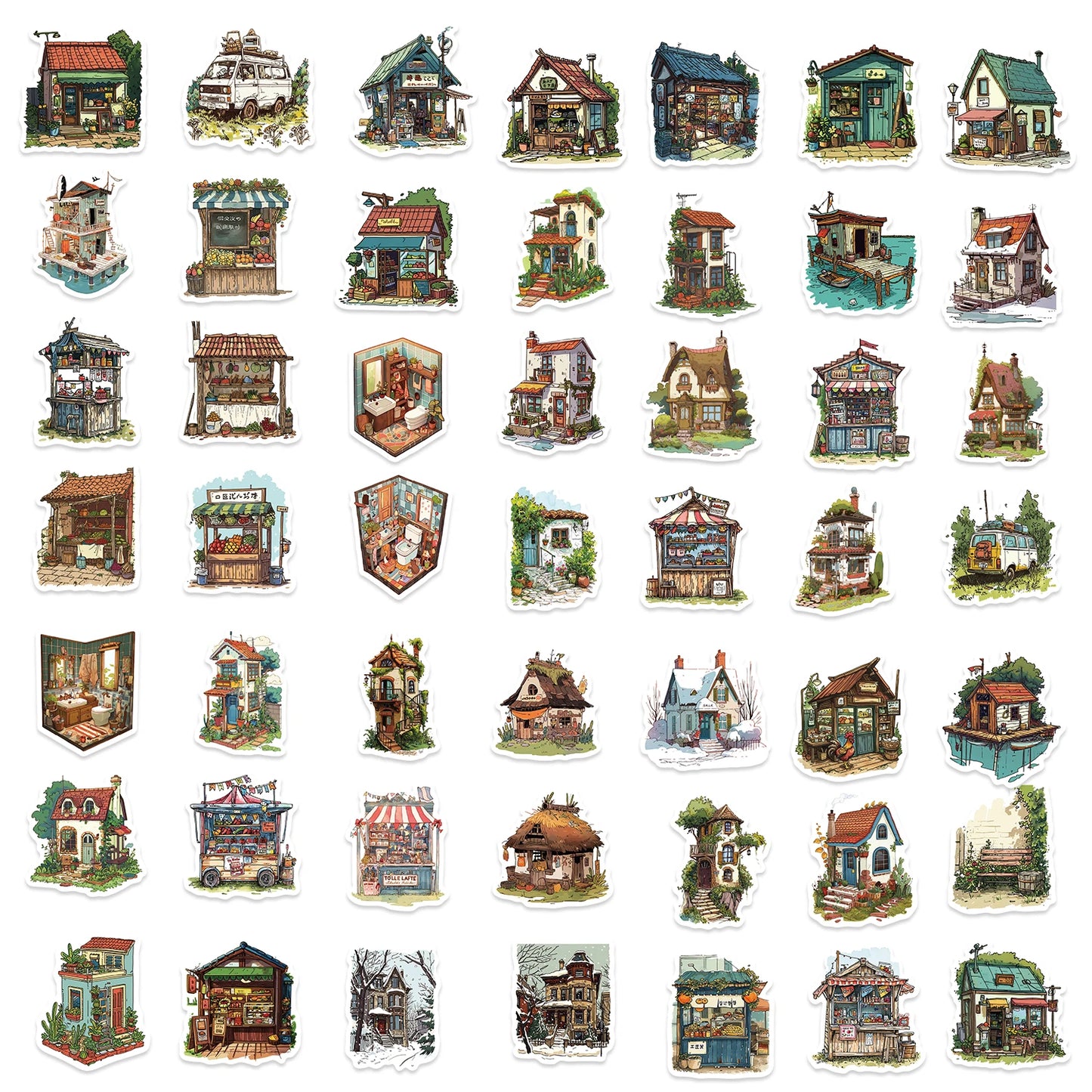 50pcs Vintage Retro Small House Stickers For Scrapbook Phone Laptop Guitar Stationery DIY Waterproof Sticker Decals Kids Toy
