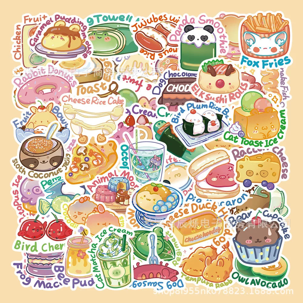 50pcs Cartoon Animal Food Stickers for Helmet, Wall, DIY Decoration Wholesale