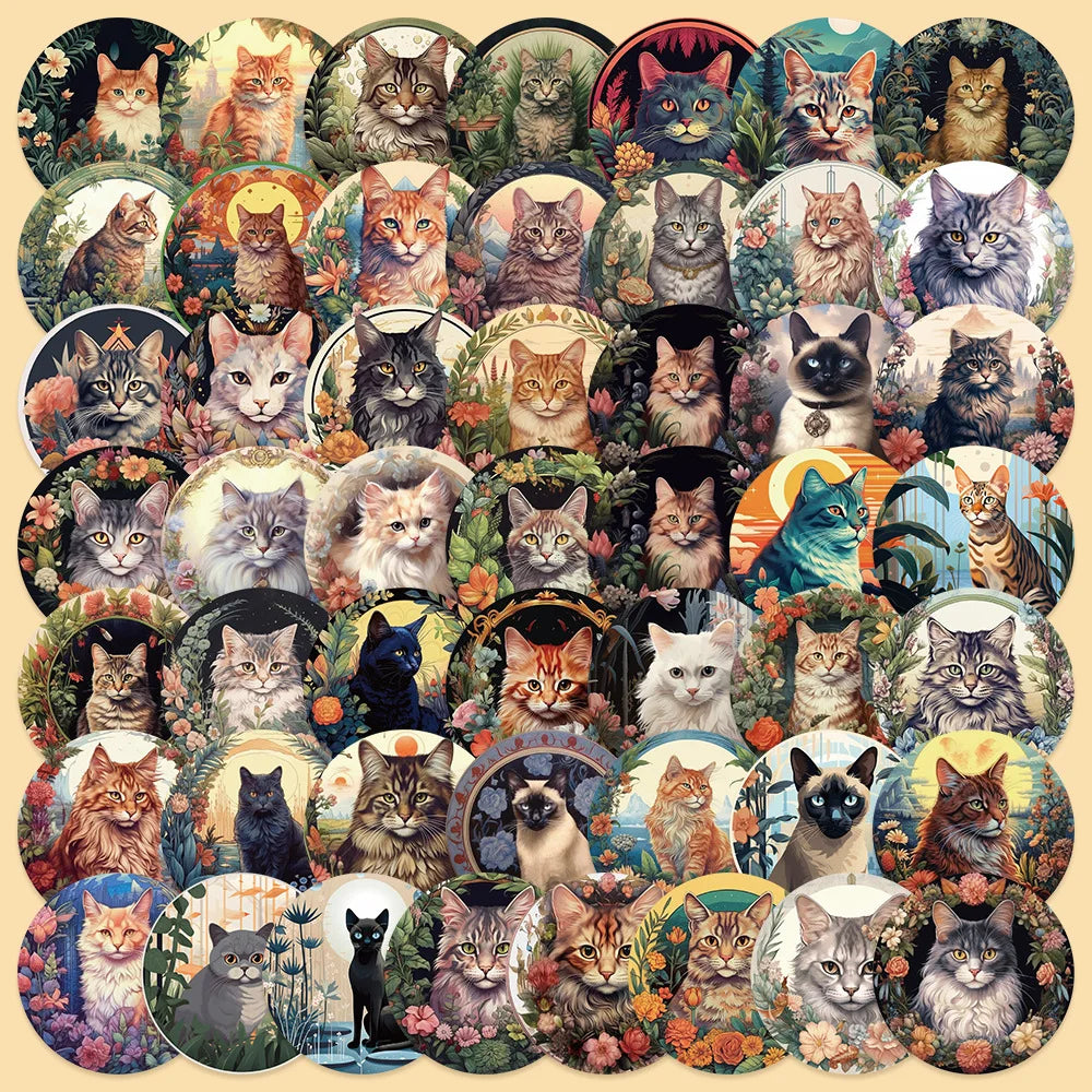 50pcs Cartoon Plants & Kittens Stickers for Helmet, Wall, DIY Decoration