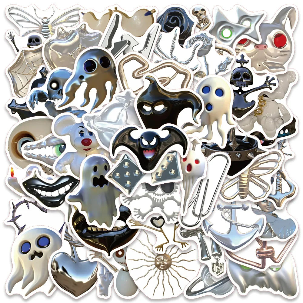50PCS 3D Horror Ghost Skeleton Silver Cartoon Stickers Waterproof Decals for Bike, Refrigerator, Bottle, Kid Toy