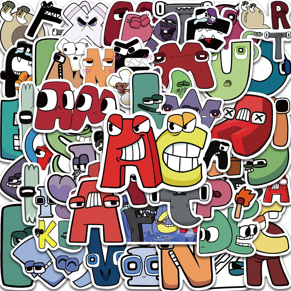 52PCS Alphabet Lore Cartoon Stickers for Kids - Scrapbook, Car, Phone, Laptop, Helmet, Cup Decals