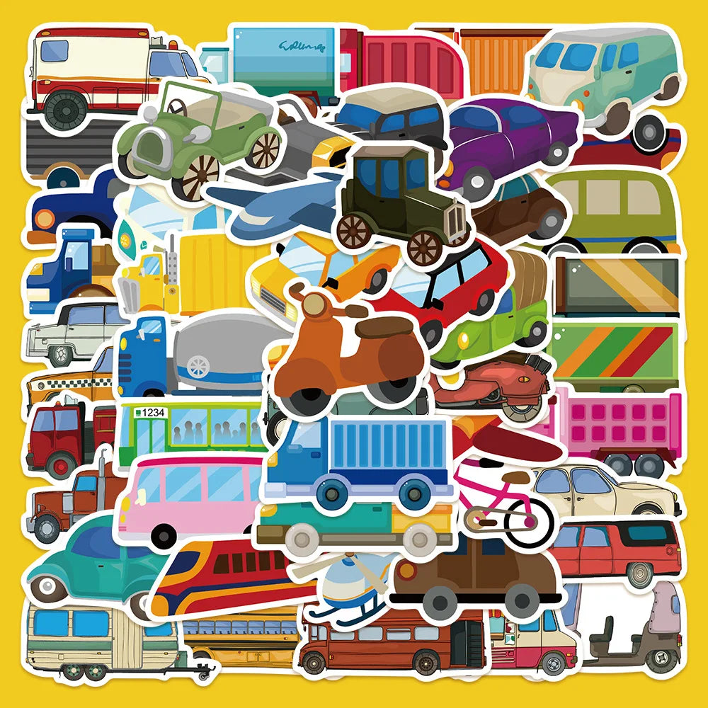 51pcs Cute Cartoon Transportation Stickers for Helmet, Wall, DIY Decoration