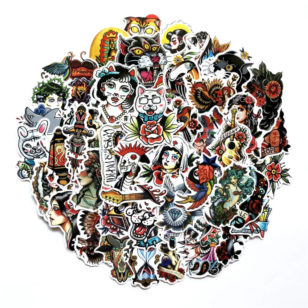 50/100Pcs Retro Old School Tattoo Style Sticker Refrigerator Skateboard Trolley Case Decals Backpack Tables Waterproof Sticker