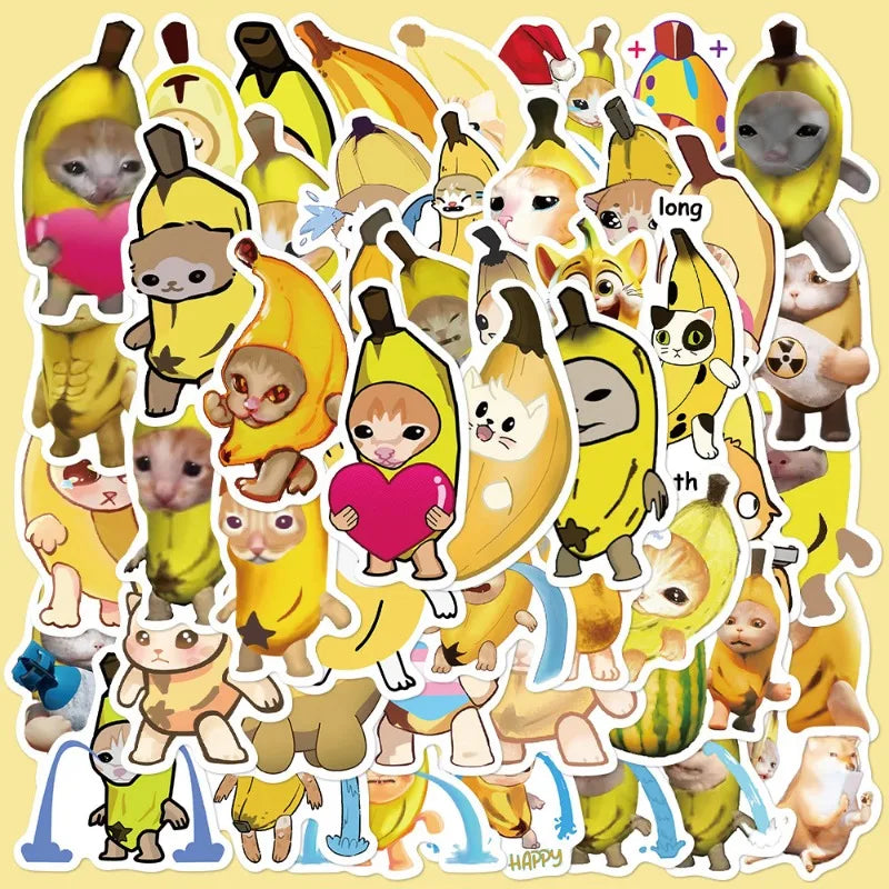 50pcs Cartoon Banana Cat Meme Stickers for Helmet, Wall, DIY Decoration Wholesale