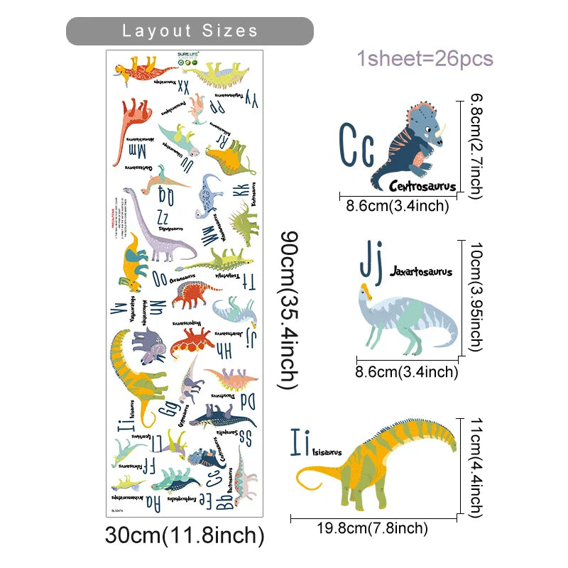 Dinosaur Alphabet Watercolor Wall Stickers for Kids Room