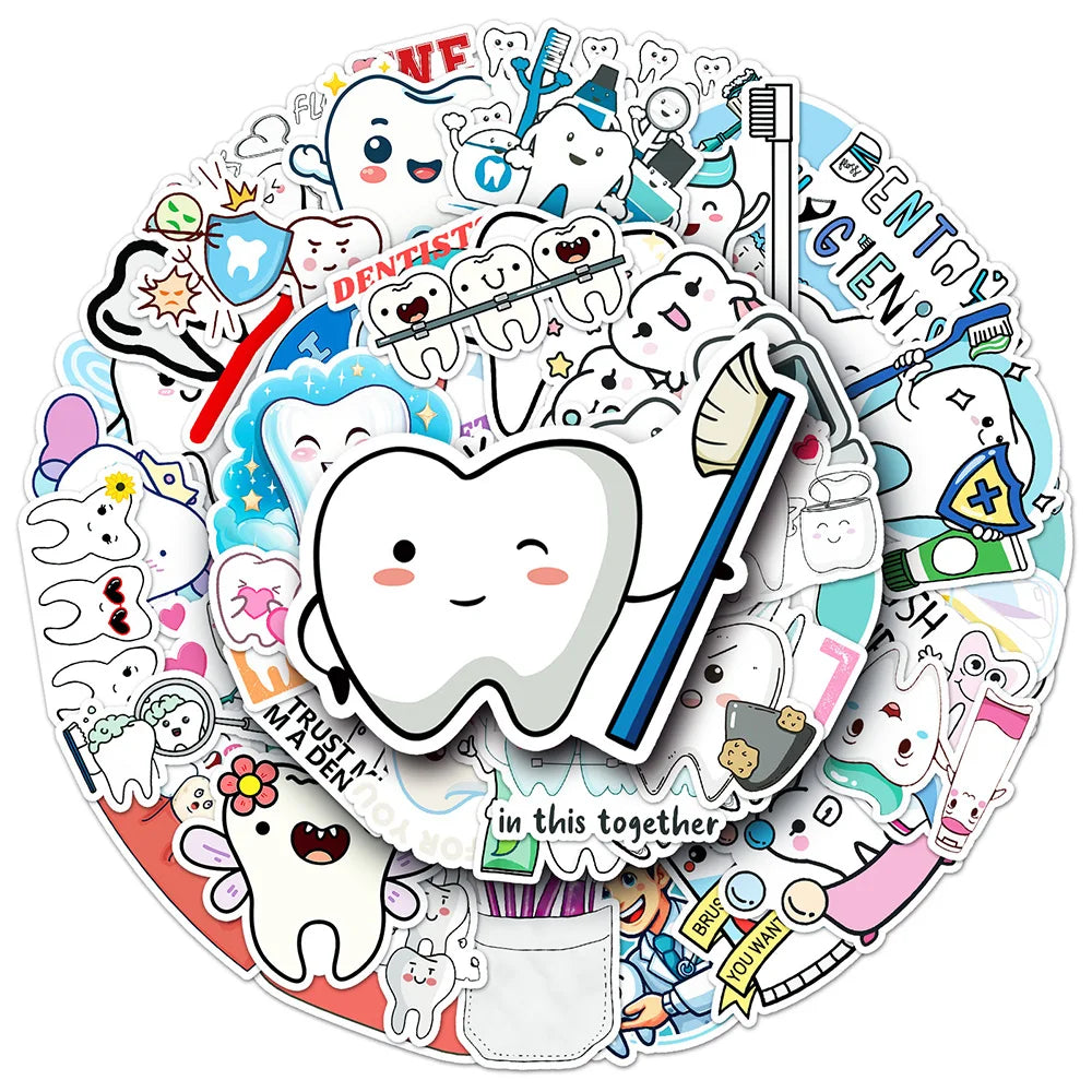 Cartoon Teeth Stickers: 10/30/50pcs for Laptop, Phone, Suitcase, Diary