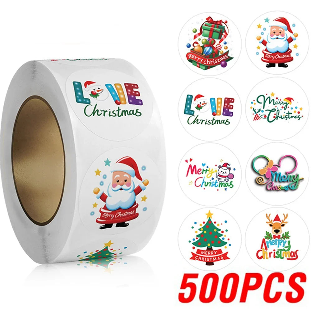 Cartoon Christmas Stickers Set: Santa, Tree, Snowman