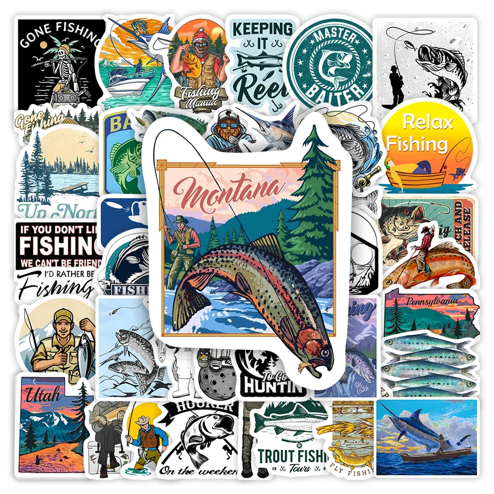 Fishing Hobby Illustration Stickers DIY Toy Gift Waterproof Decal for Laptop Scrapbook Phone Bottles Decorative