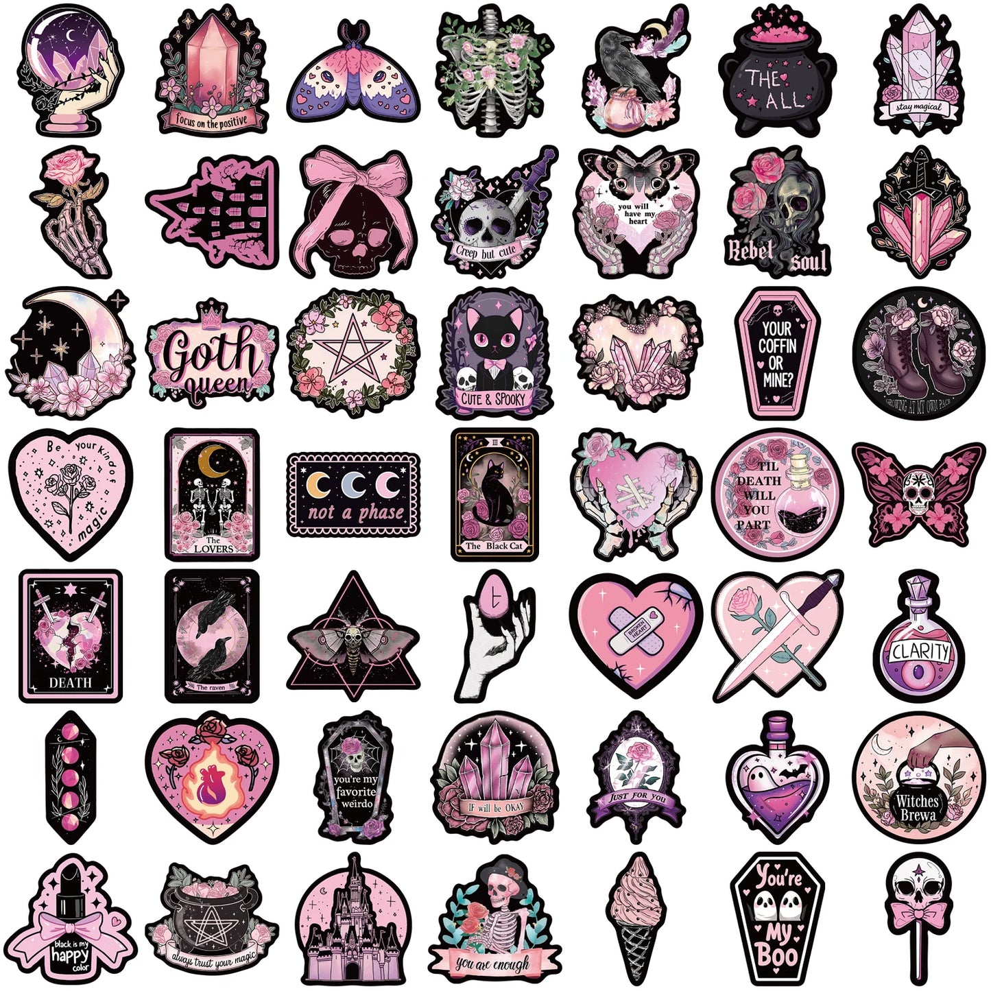 50pcs Cool Dark Pink Gothic Skull Graffiti Stickers DIY Scrapbook Luggage Waterproof PVC StickerTarot Goth Decals