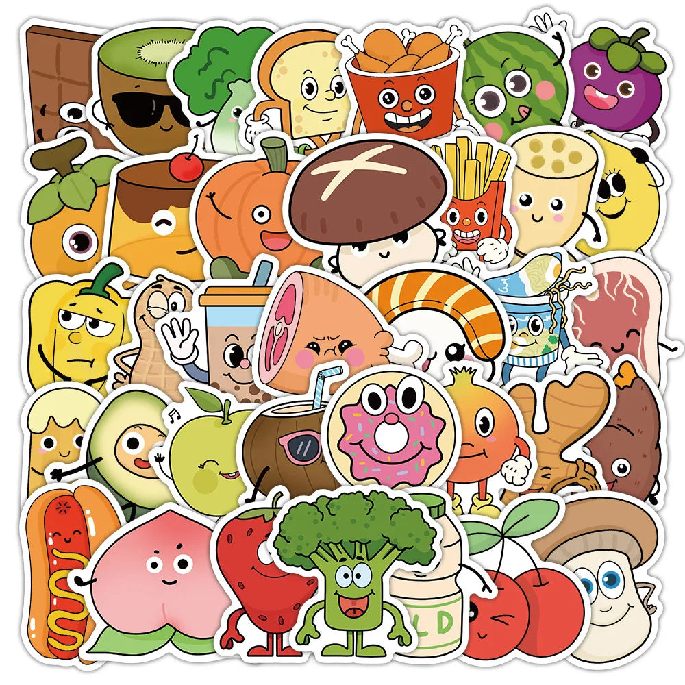Cartoon Food Stickers Pack: Waterproof Decals for Luggage, Laptop, Guitar, Skateboard, Bicycle, Car