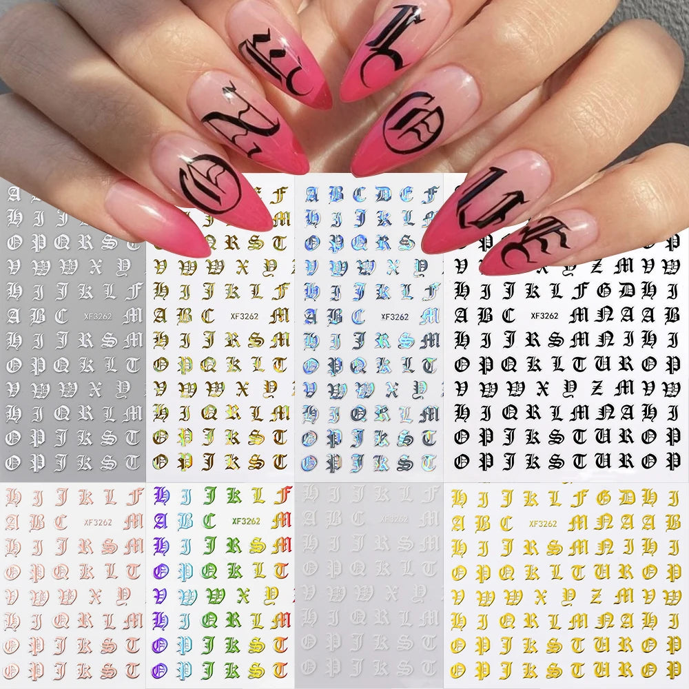 Gothic Alphabet 3D Nail Art Stickers - 8pcs Set