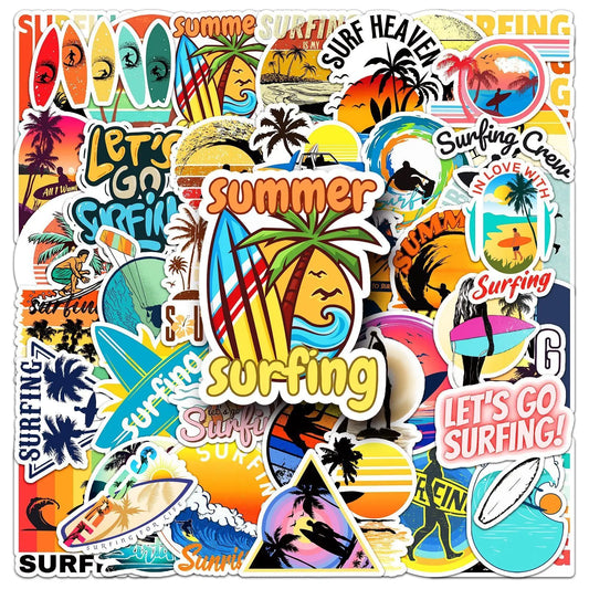 10/50PCS Outdoor Summer Beach Surfing Stickers Waterproof DIY Water Bottle Luggage Surfboard Fridge Car Skateboard Decal Sticker