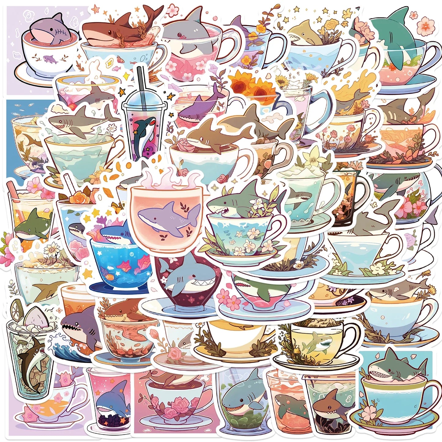 50pcs Shark Cartoon Waterproof Stickers for Laptops & Bikes