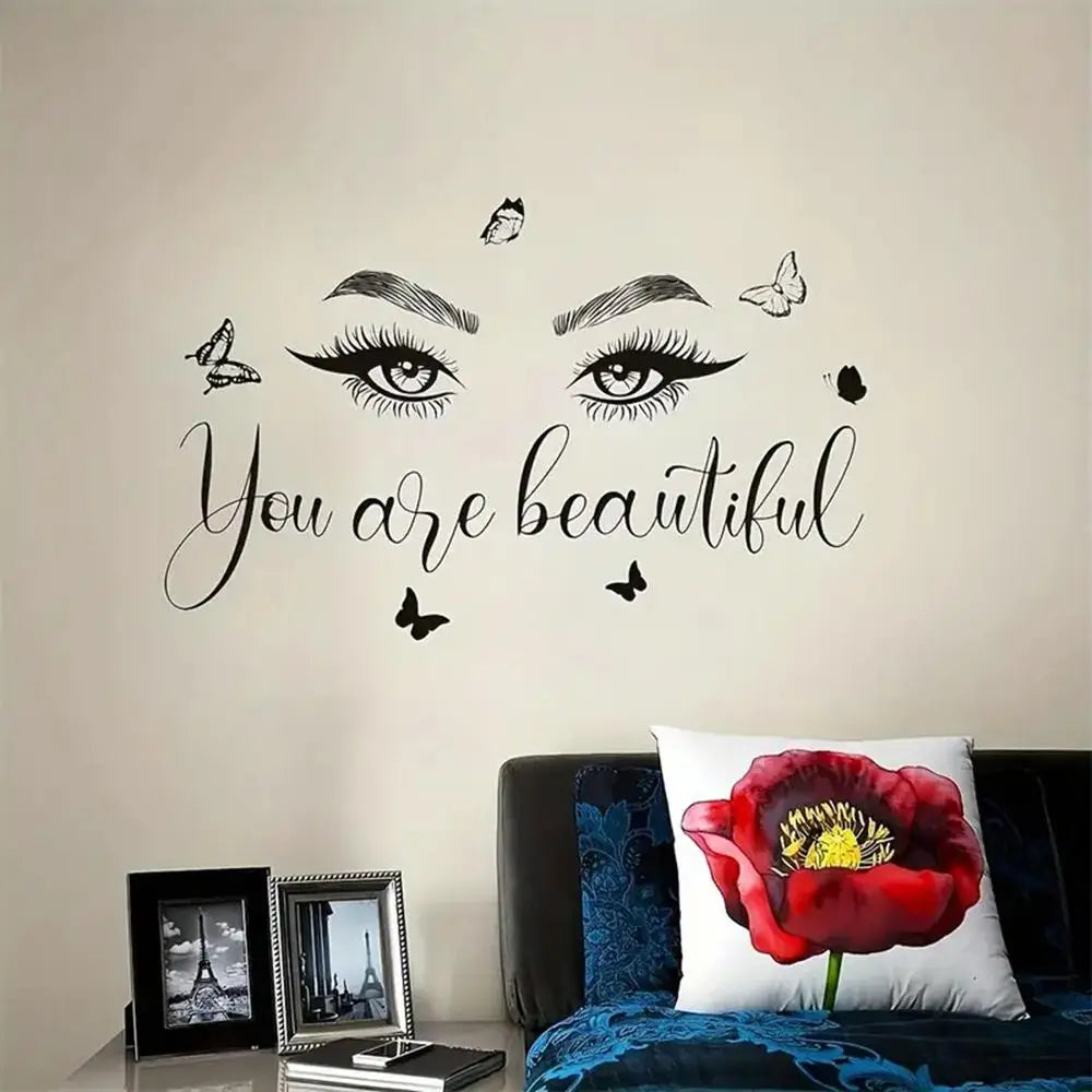 1 pc beautiful lash for salon with butterfly Wall Sticker Pvc Wall Art Stickers Modern Fashion Wallsticker for hairdress