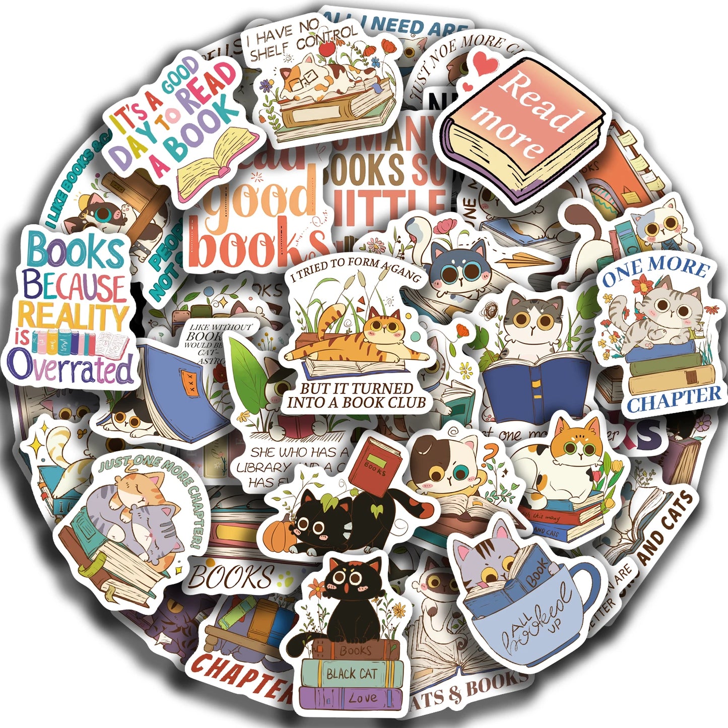 Cat & Book Motivational Stickers Pack - 60Pcs for DIY Decor