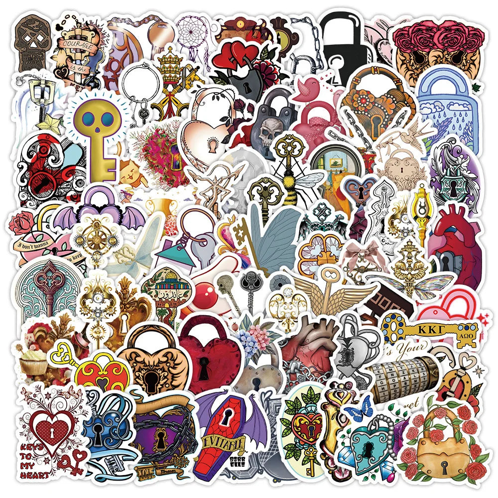 Retro Gothic Keys Locks Stickers Pack - Waterproof DIY Motorcycle Skateboard Laptop Car Bike Decals