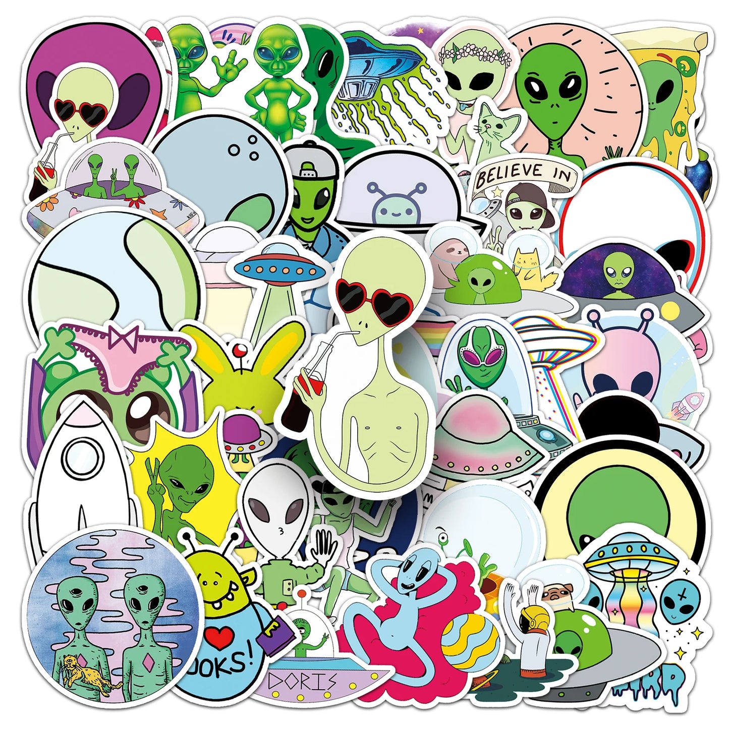 50Pcs UFO Alien Cartoon Waterproof Vinyl Stickers for Skateboard Snowboard