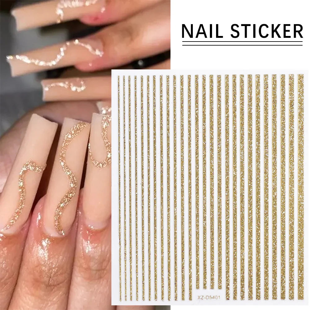 3D French Line Nail Art Stickers Gold Silver Stripes